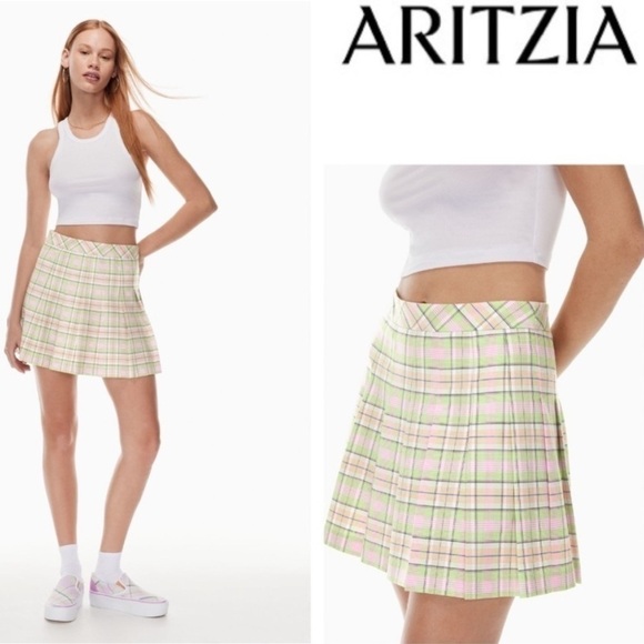 Sunday Best Dresses & Skirts - Aritzia Sunday Best Sun-deh Pleated Mini Skirt lime/fuchsia Plaid Size 00 XXS
